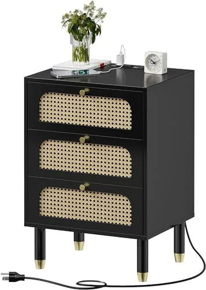 Black Rattan Nightstand Set of 2 with Charging Station 3 Drawers K442