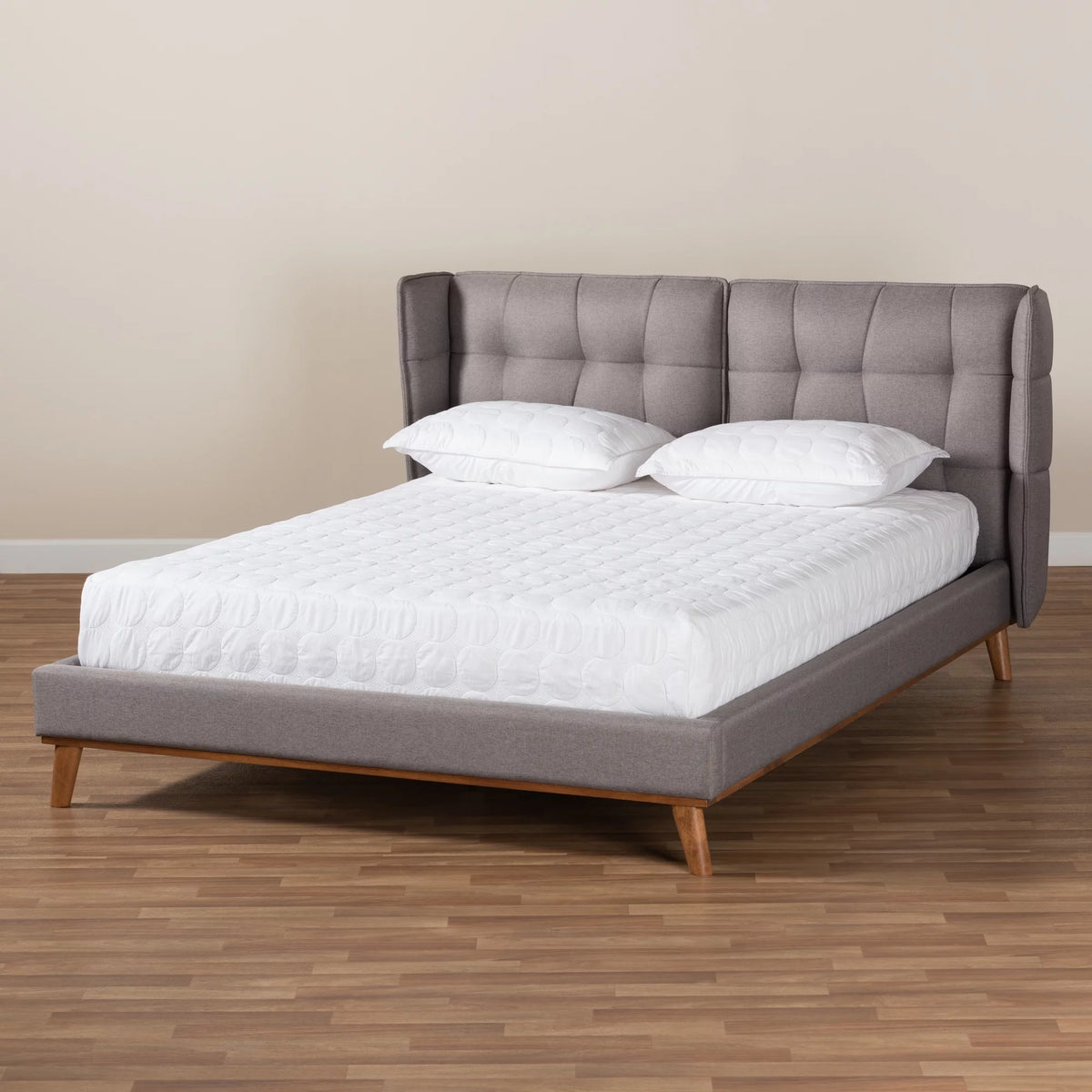 Grey Fabric Upholstered Walnut Brown Wood King Size Platform Wingback Bed Q267921