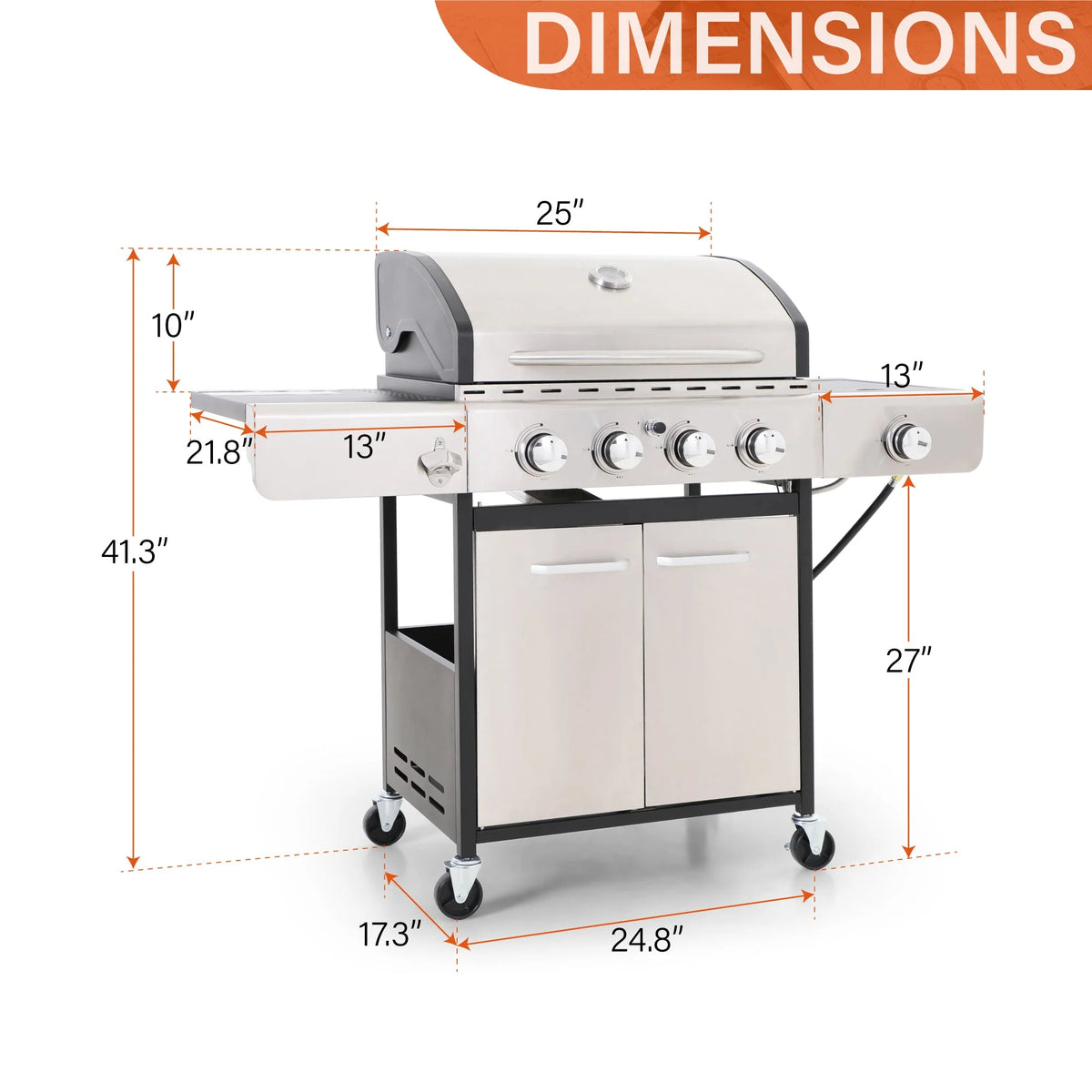 Stainless Steel Portable 4-Burner Propane Gas Grill with Side Burner E818