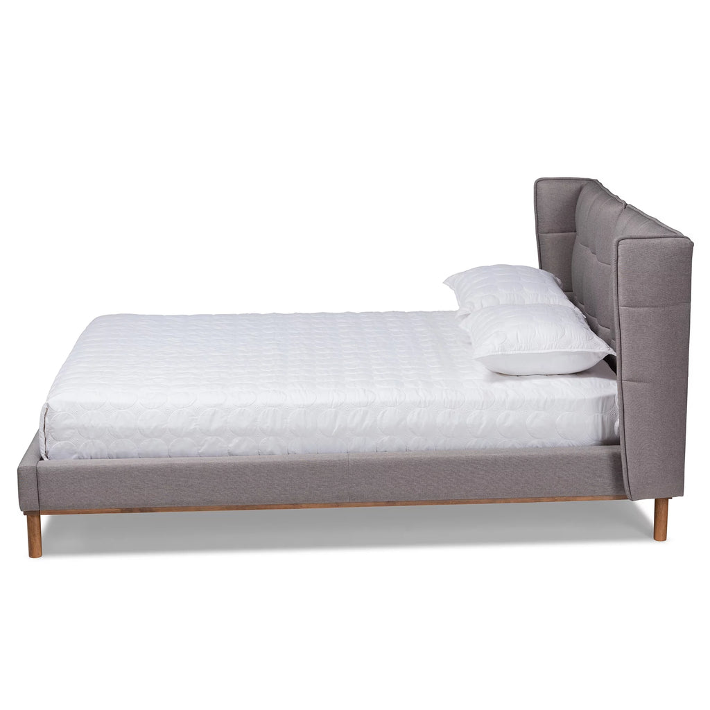 Grey Fabric Upholstered Walnut Brown Wood King Size Platform Wingback Bed Q267921
