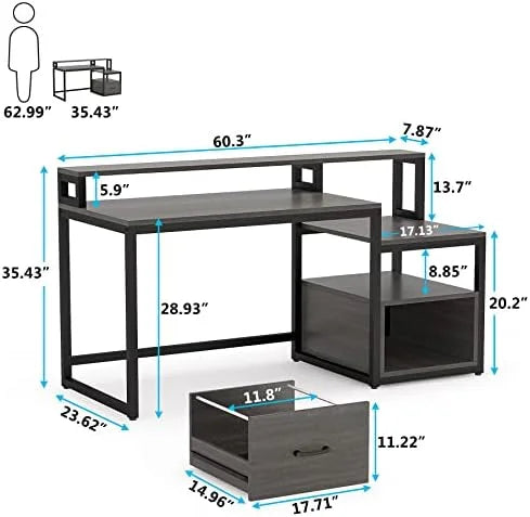 60 inch Grey Computer Desk with File Drawer and Shelves O38875