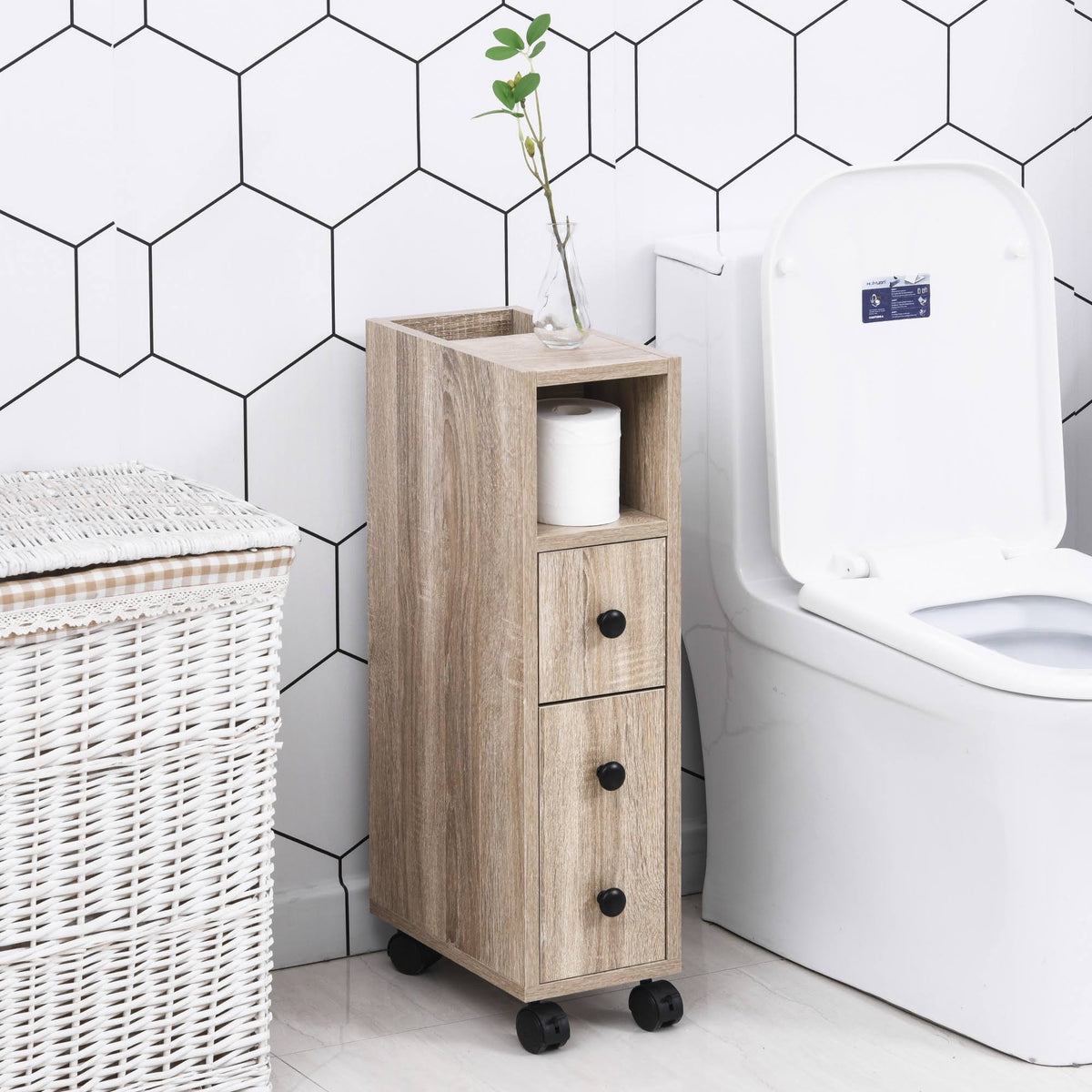 Freestanding Bathroom Cabinet with 2 Open Cabinets, 1 Door Cabinet, 1 Drawer and 4 Rolling Wheels H78907