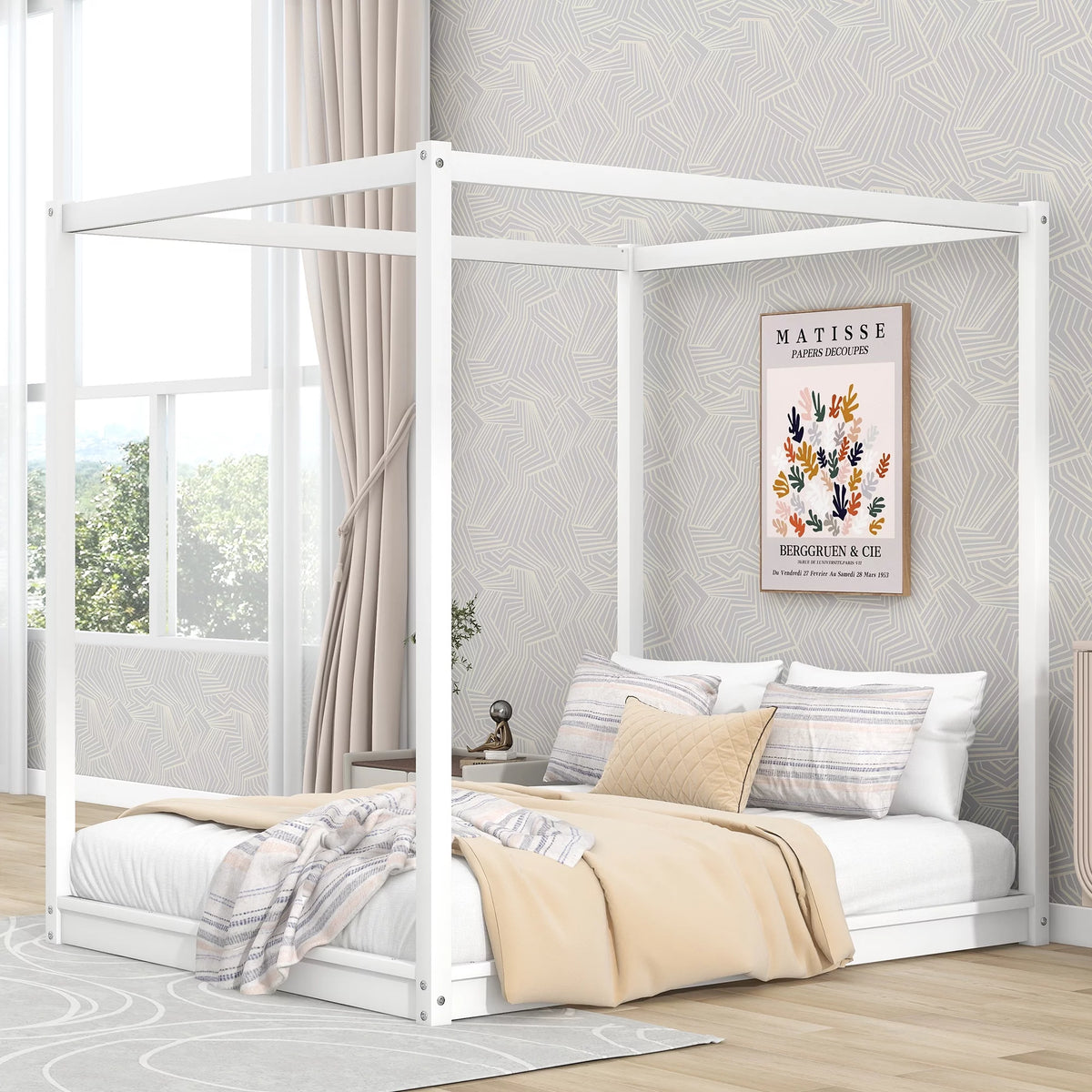 White Pine Wood Queen Size Canopy Platform Bed L705