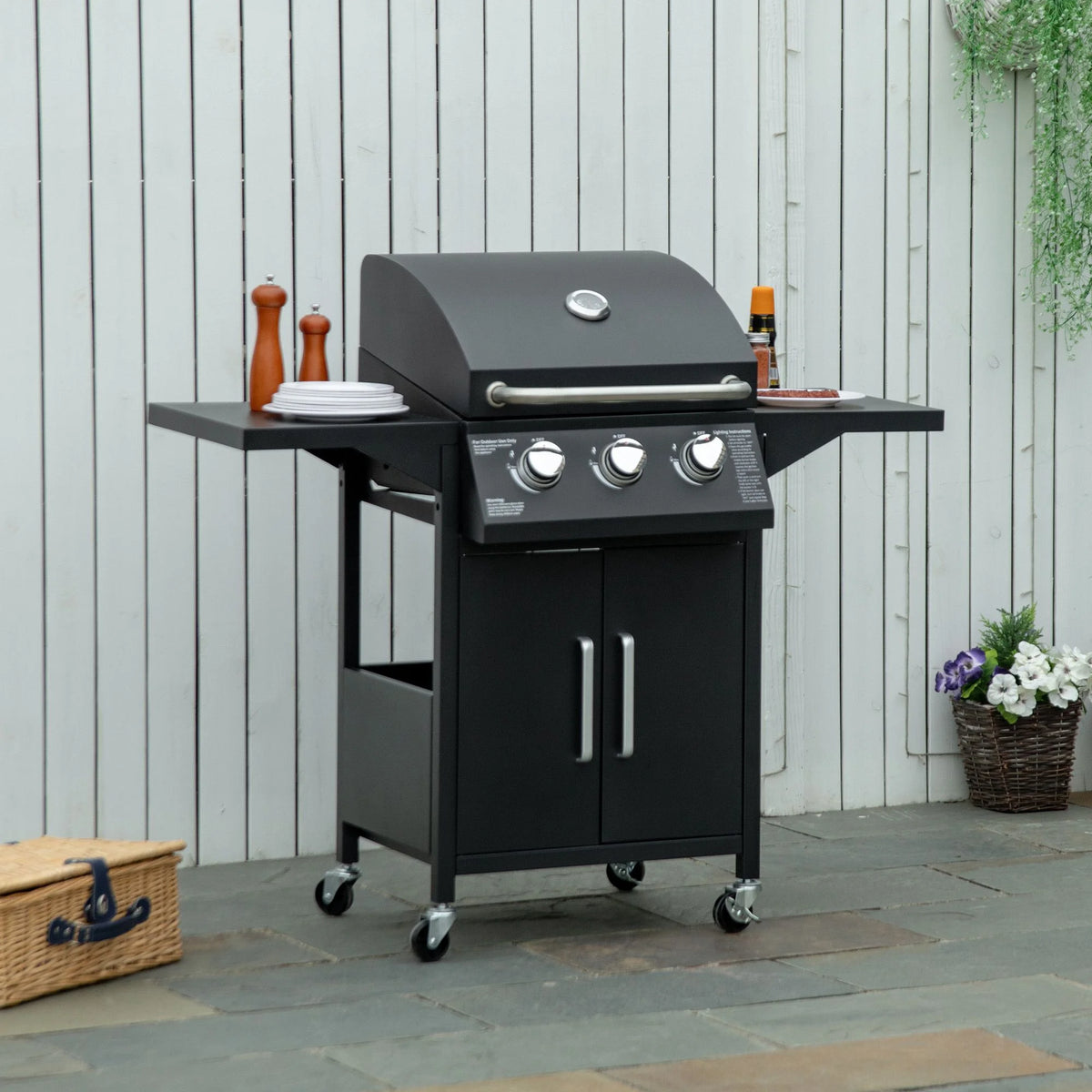 3 Burner Gas Grill with Wheels, Storage Shelves, Thermometer, Black F7234