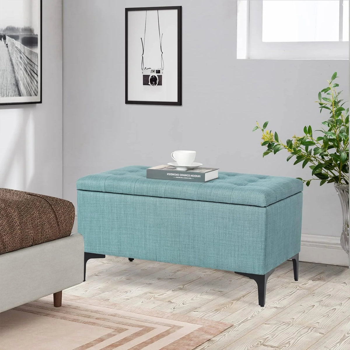 Light Blue Linen Storage Ottoman Bench X478717