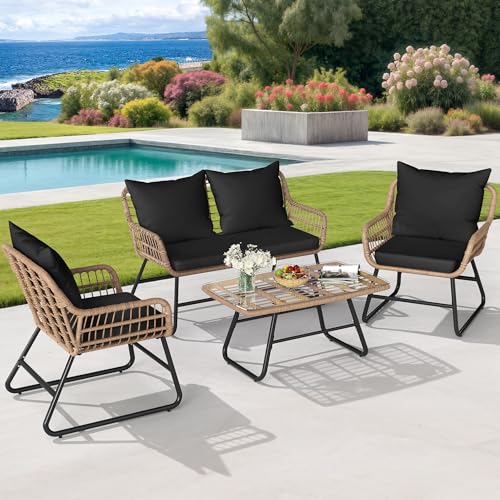 4 Piece Wicker Patio Furniture Set with Cushions and Glass Side Table R14386