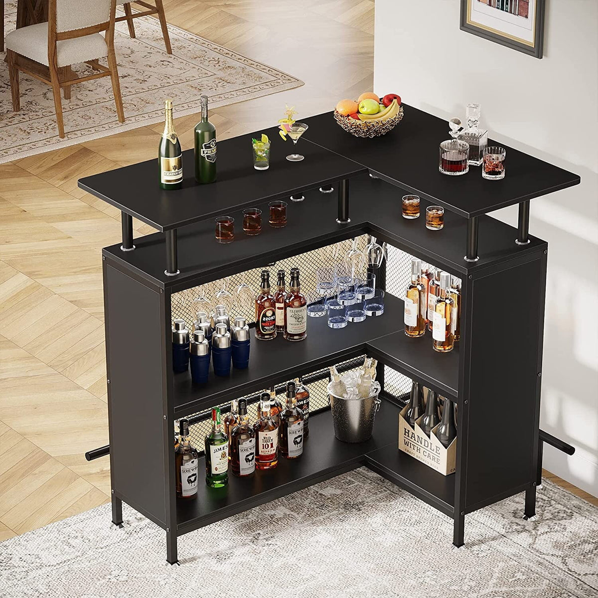 L-shape Black Home Bar Unit with 2-Tier Storage B6330