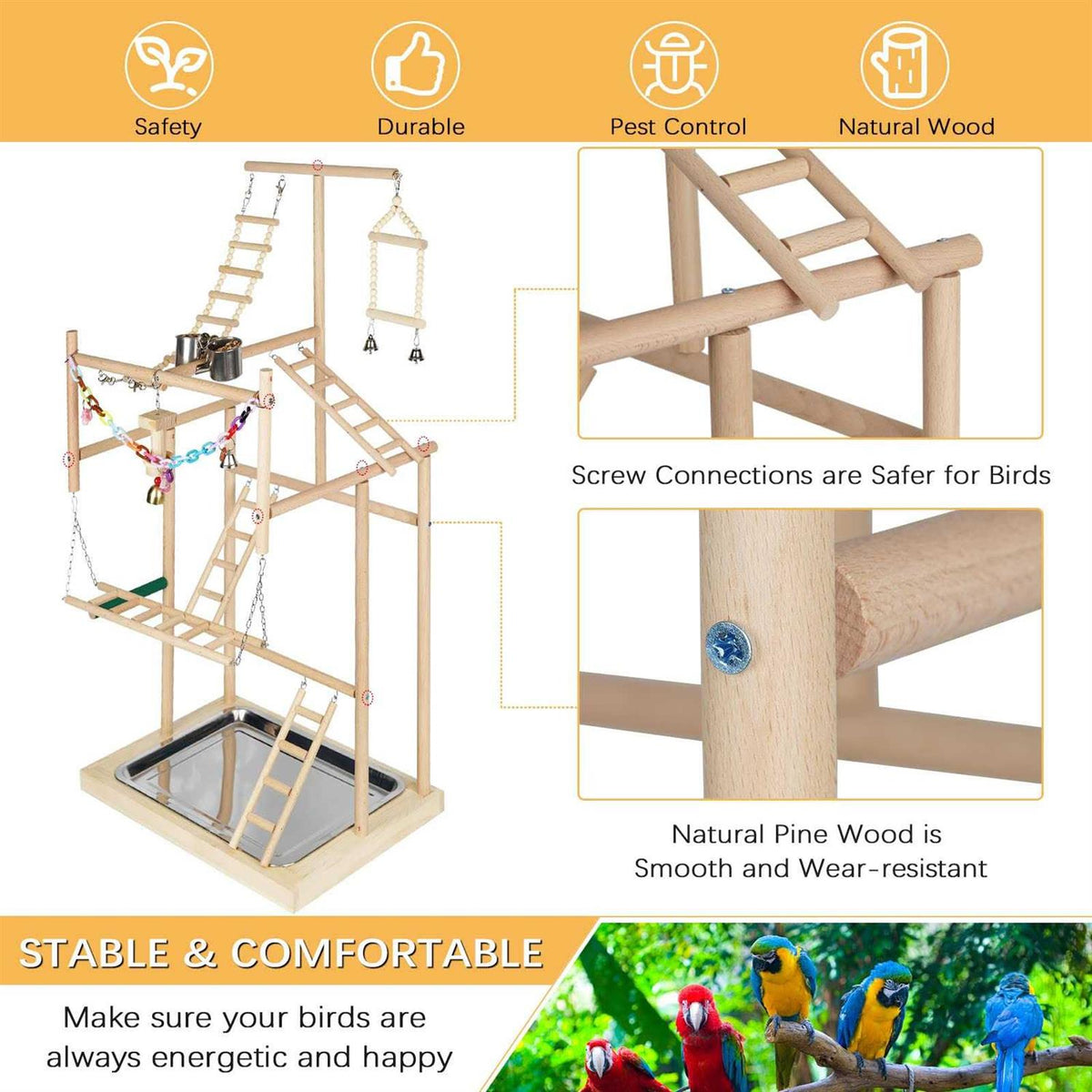 Parrot Bird Play Stand Wood Perch Gym Playpen Ladder with Feeder Cups M942889