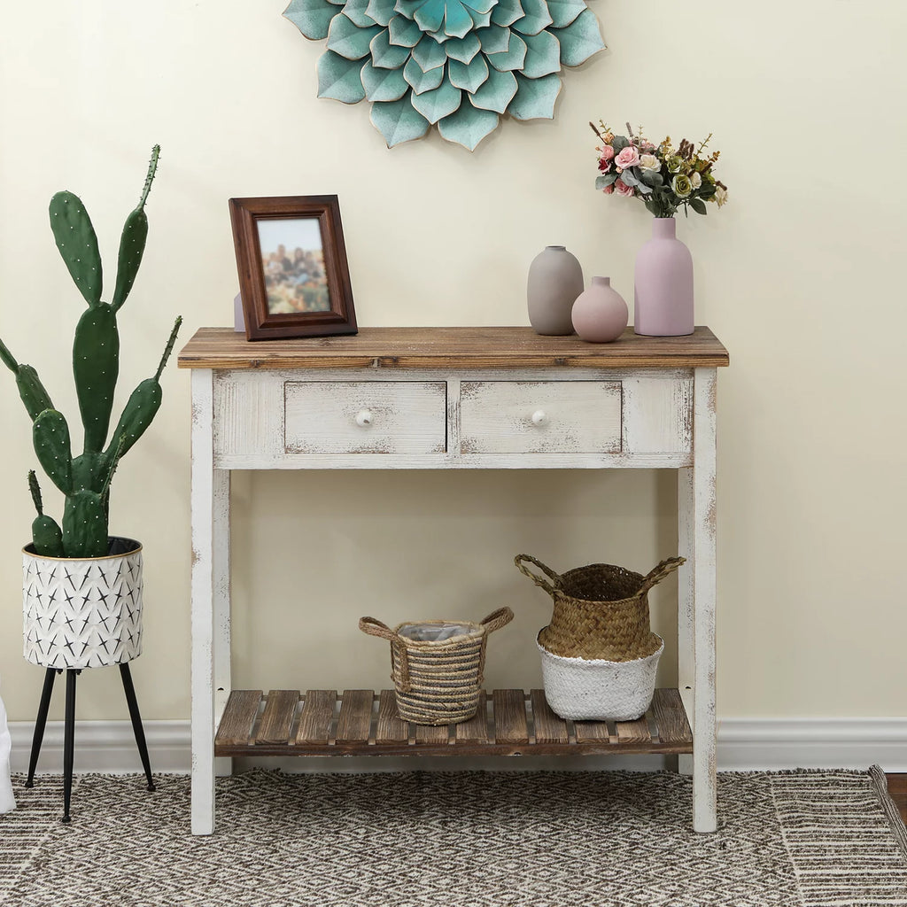 Distressed White and Wood 2-Drawer 1-Shelf Console Table B313881