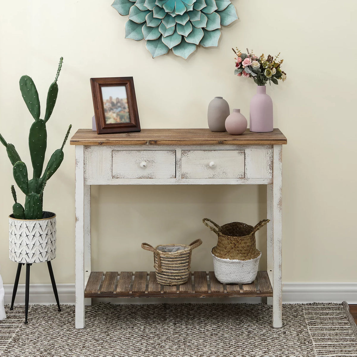 Distressed White and Wood 2-Drawer 1-Shelf Console Table B313881