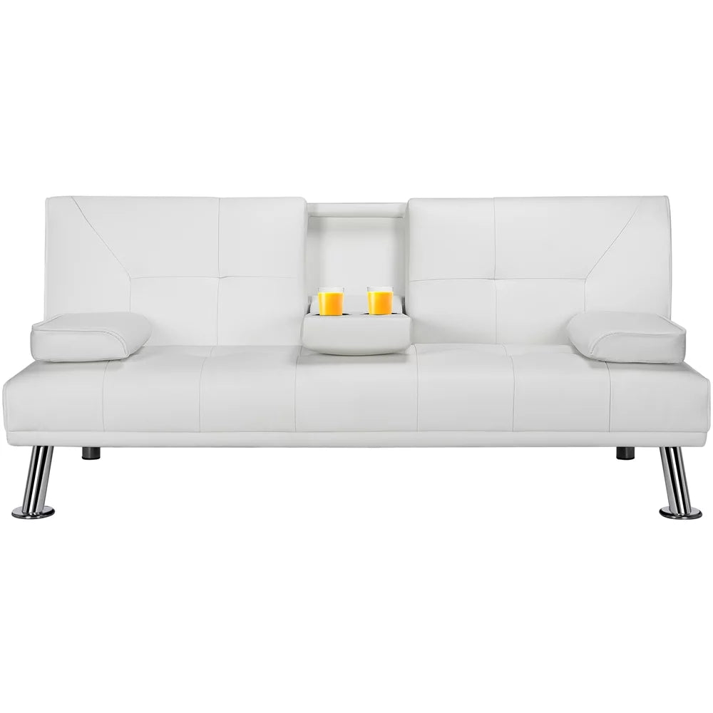 White Faux Leather Futon with Cupholders and Pillows B969