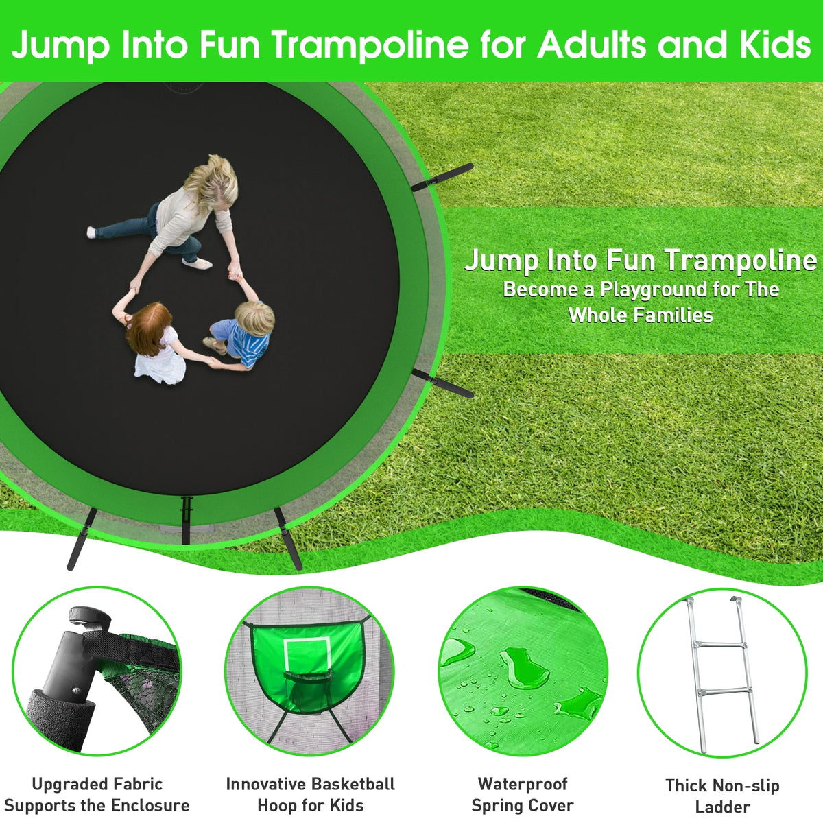12FT 14FT Trampoline with Enclosure, Basketball Hoop, LED Light and Sprinkler K38434
