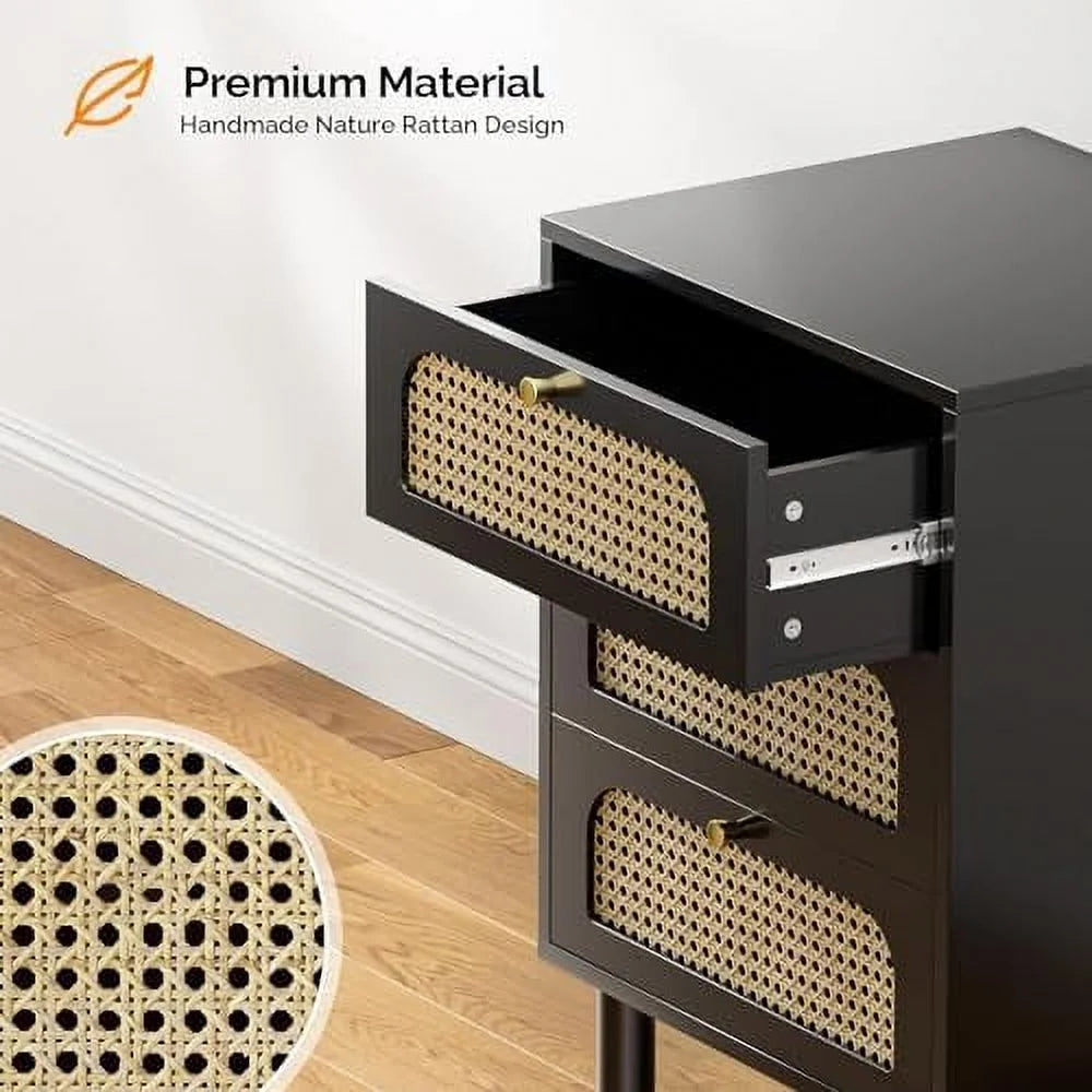 Black Rattan Nightstand Set of 2 with Charging Station 3 Drawers K442