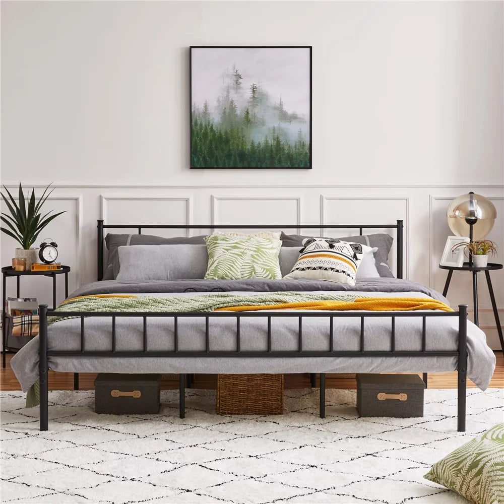 White Full Metal Platform Bed with Spindle Headboard and Footboard Y39836