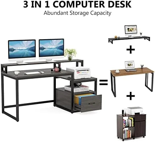 60 inch Grey Computer Desk with File Drawer and Shelves O38875