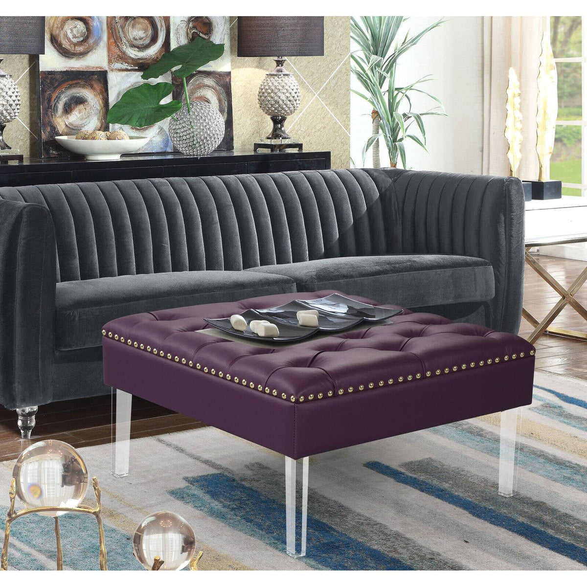Square Tufted PU Leather Upholstered Ottoman H675255