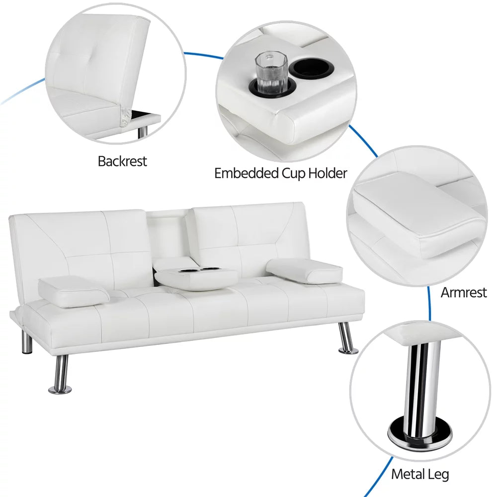 White Faux Leather Futon with Cupholders and Pillows B969