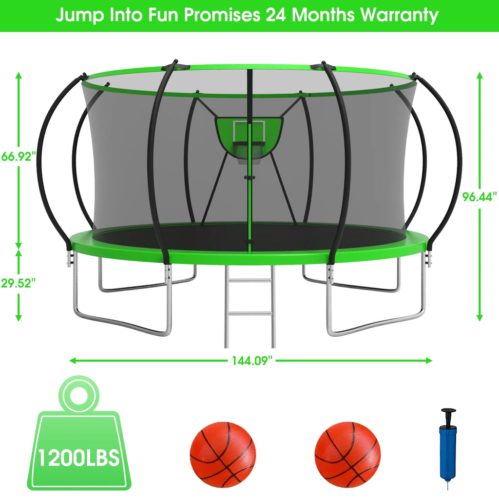12FT 14FT Trampoline with Enclosure, Basketball Hoop, LED Light and Sprinkler K38434