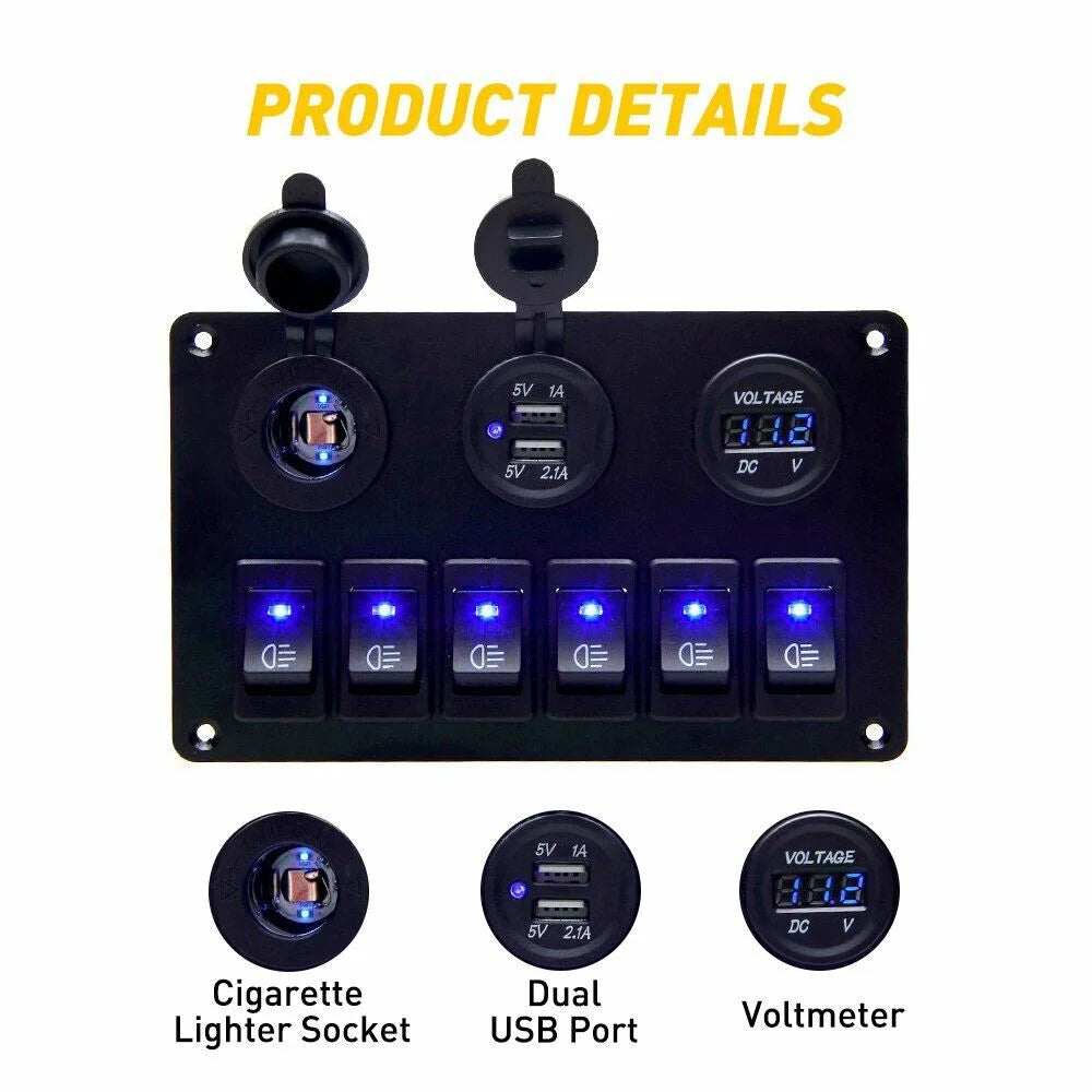 Waterproof 6 Gang LED Rocker Switch Panel V31133