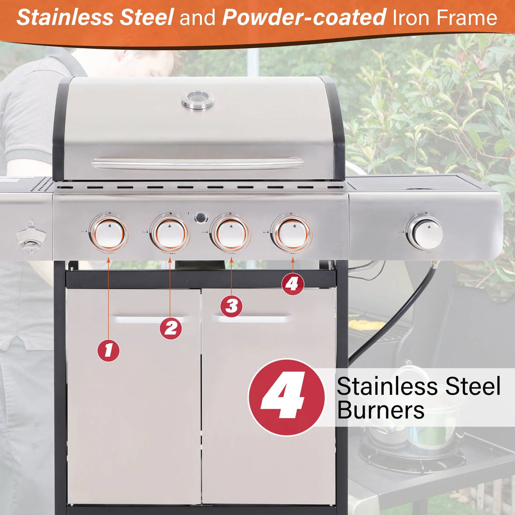 Stainless Steel Portable 4-Burner Propane Gas Grill with Side Burner E818