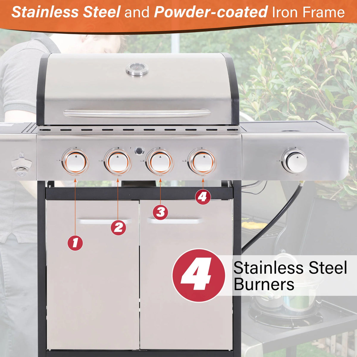Stainless Steel Portable 4-Burner Propane Gas Grill with Side Burner E818