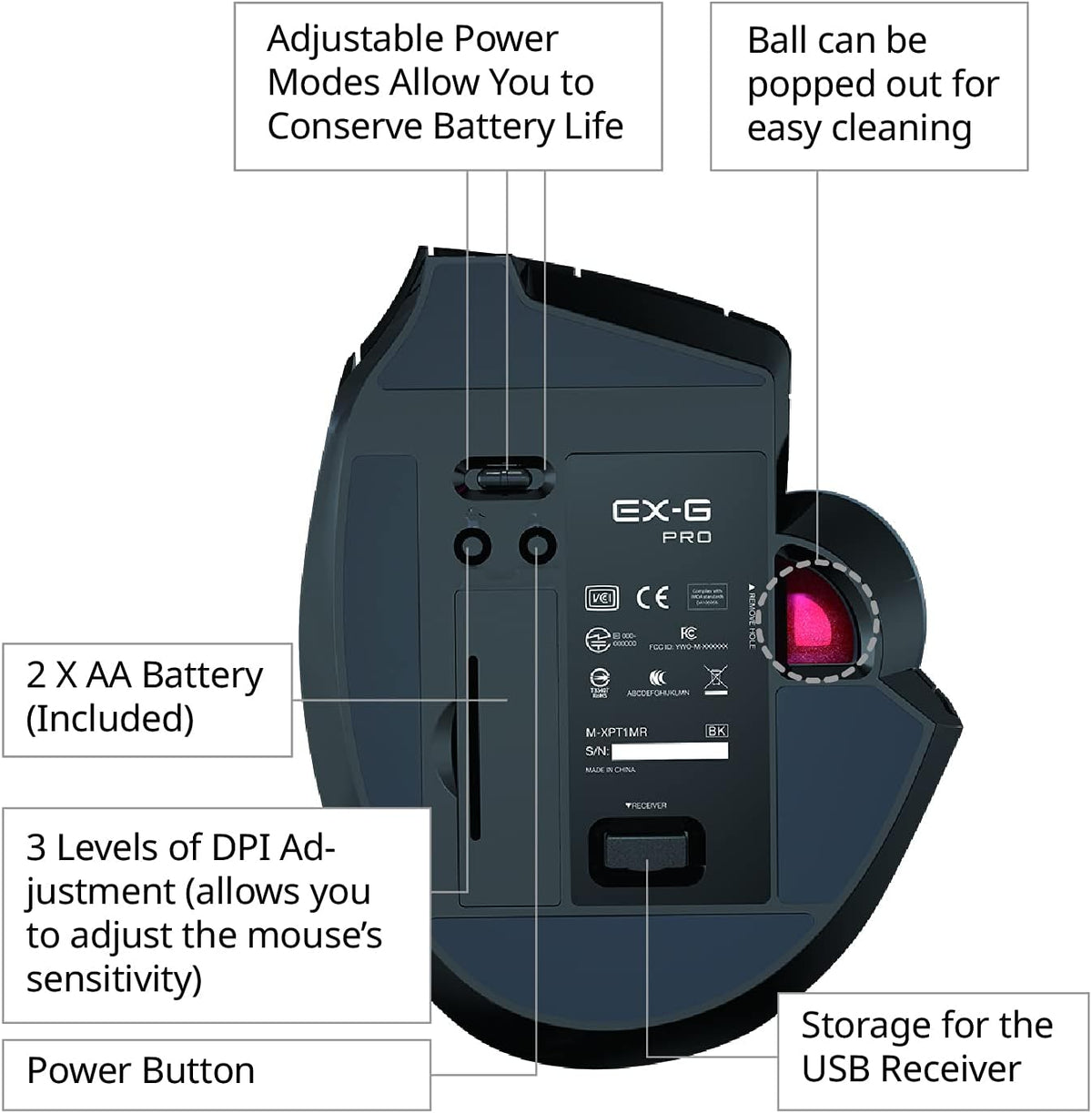 Wired Wireless Bluetooth Thumb-Operated Trackball Mouse, 8-Button, Black Q8086