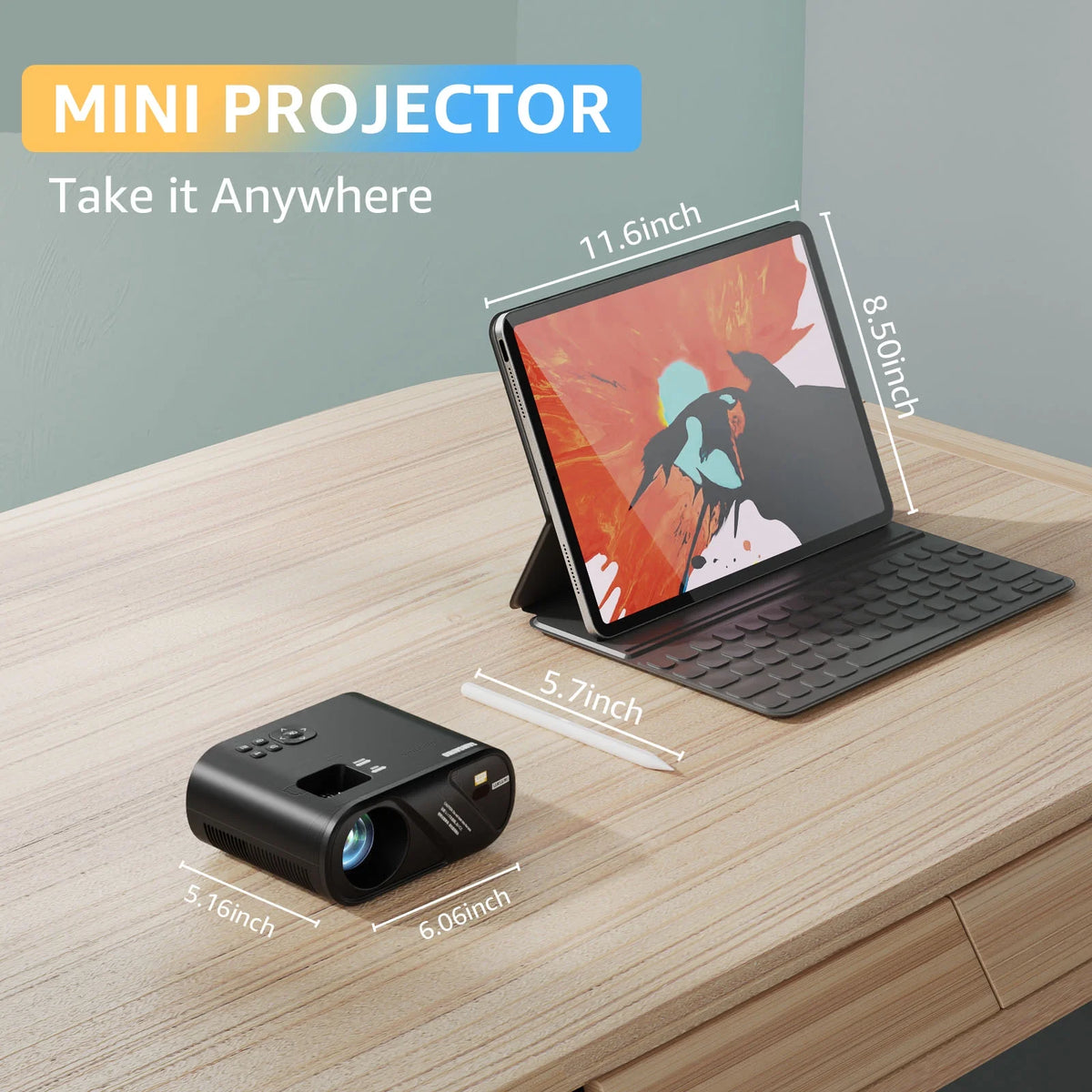 5G Wifi Mini Projector with 100 Projector Screen, Full HD 1080P, Black I395