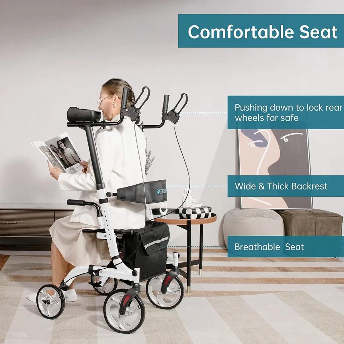 Upright Folding Rollator Walker with Seat, White E989