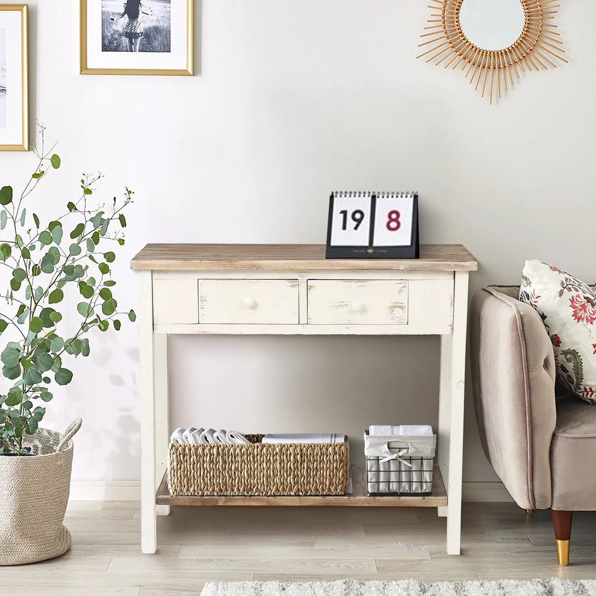 Distressed White and Wood 2-Drawer 1-Shelf Console Table B313881