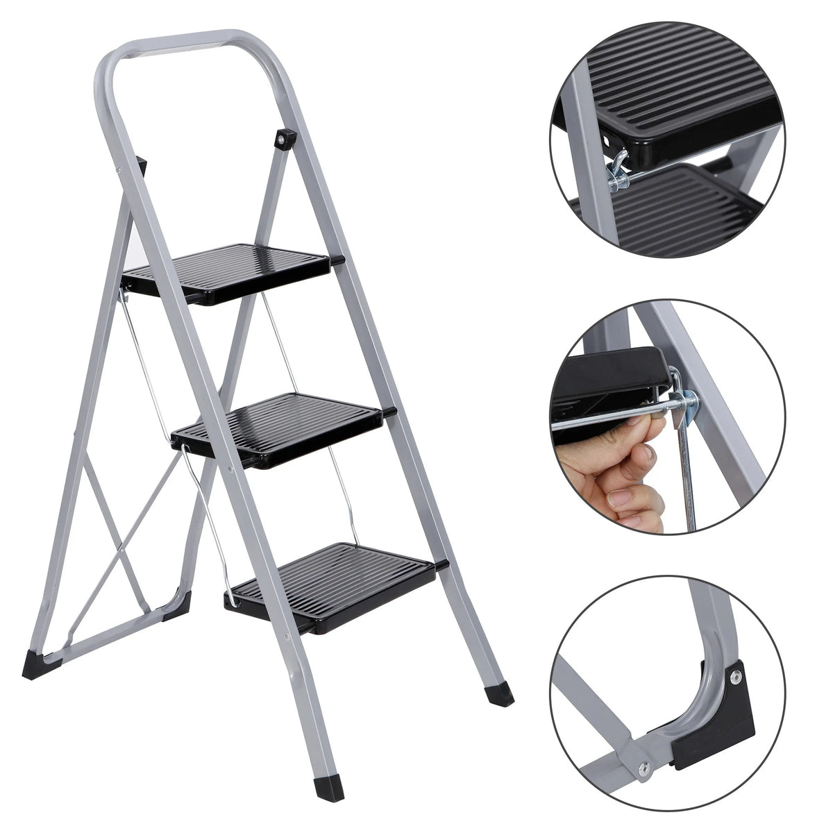 3 Step Folding Step Stool 330lbs Capacity Silver G58932