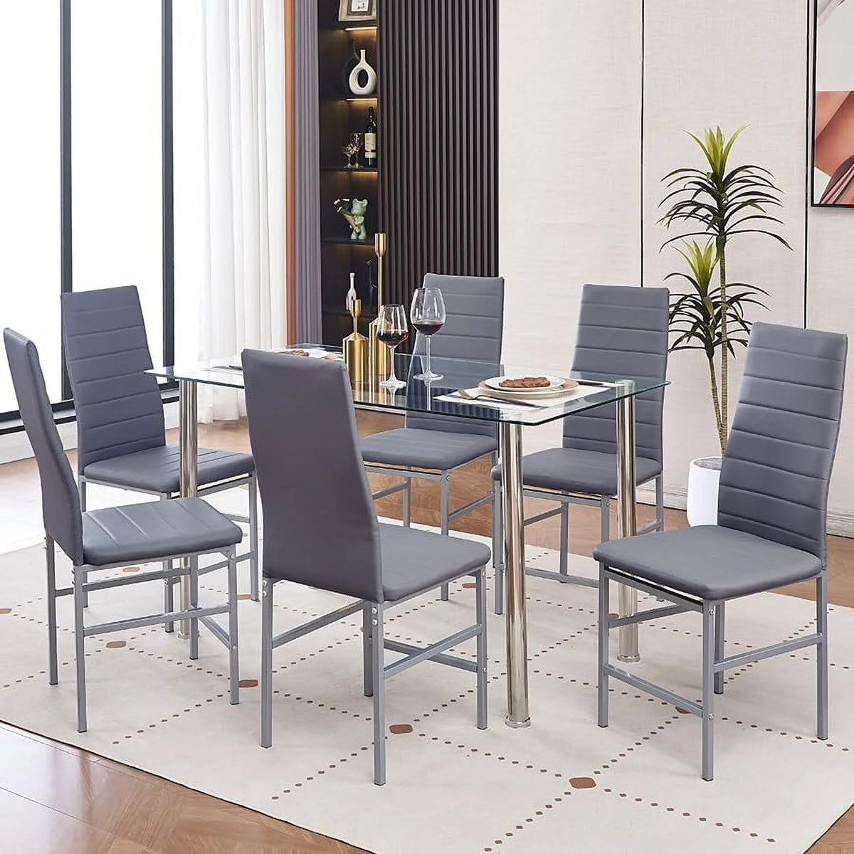Glass Dining Table Set for 6 7 Piece Black Tempered Glass Table and Faux Leather Chairs U901728