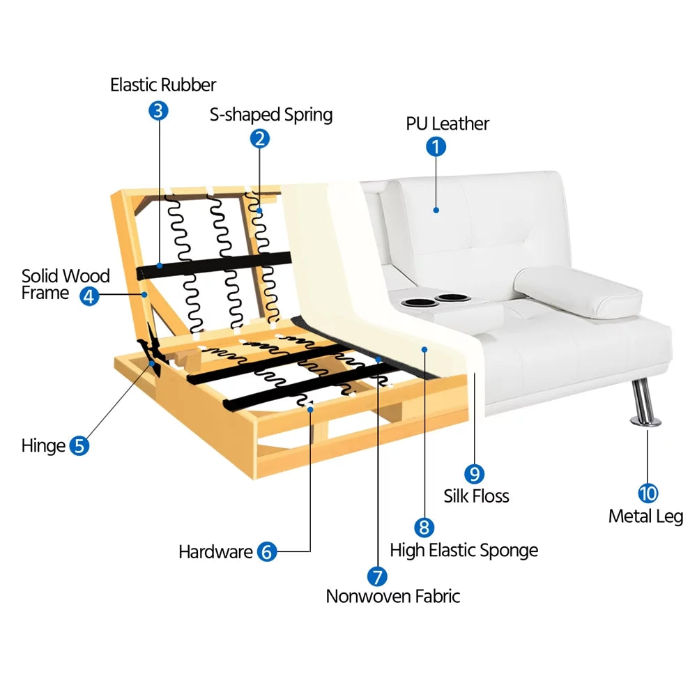 White Faux Leather Futon with Cupholders and Pillows B969