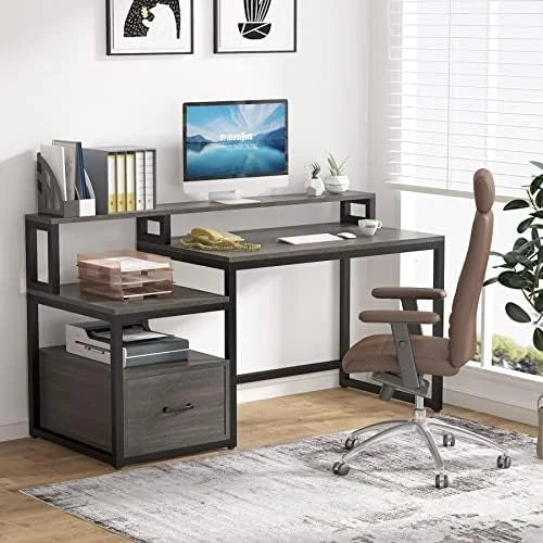 60 inch Grey Computer Desk with File Drawer and Shelves O38875
