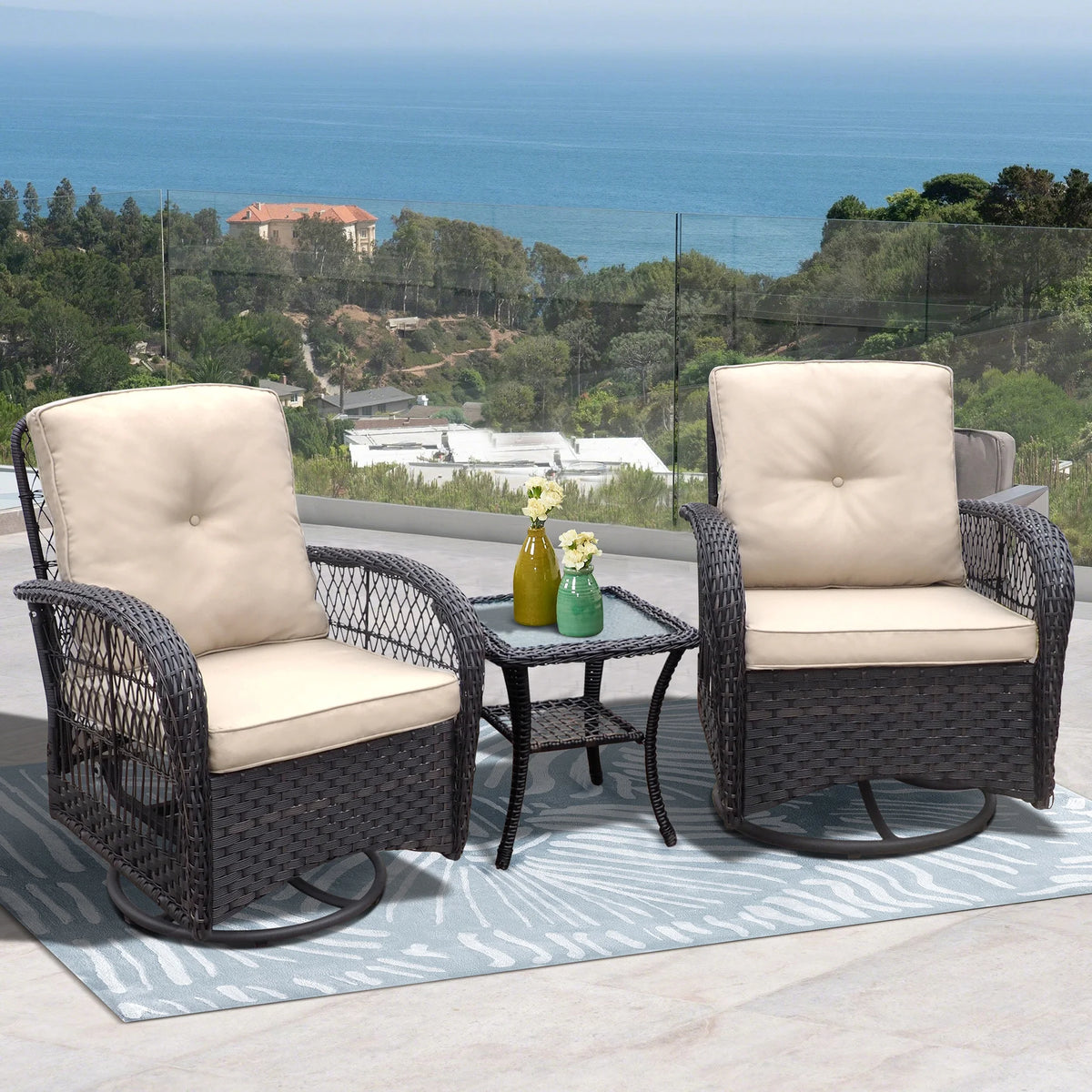 Khaki Wicker Swivel Rocker Chairs with Table C11451