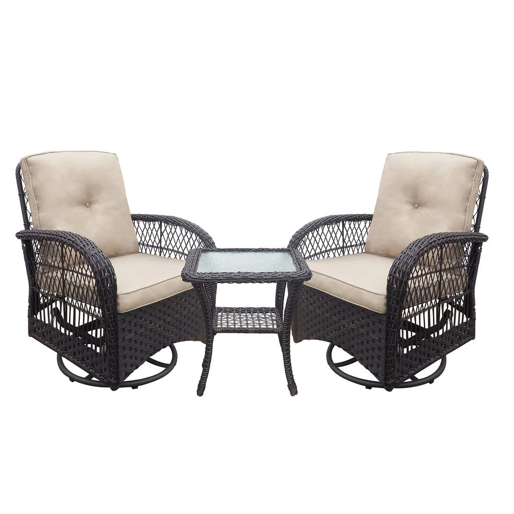 Khaki Wicker Swivel Rocker Chairs with Table C11451