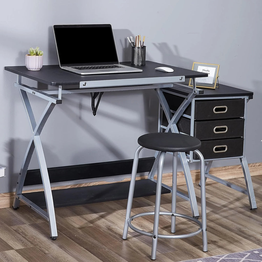 Adjustable Drafting Table with Stool and Storage Drawers, Black Z654006