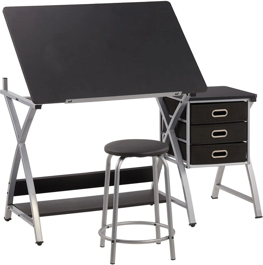 Adjustable Drafting Table with Stool and Storage Drawers, Black Z654006