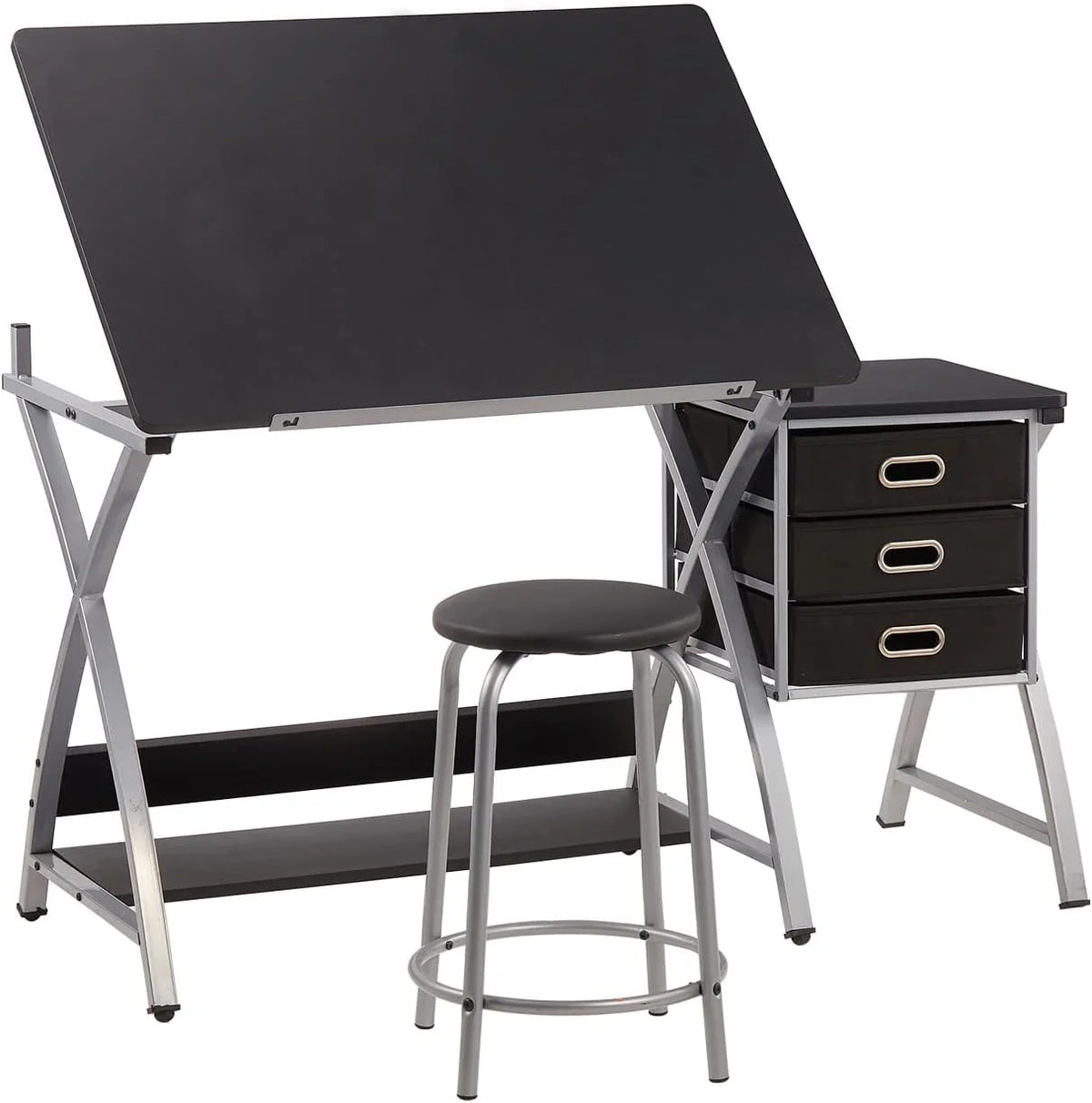 Adjustable Drafting Table with Stool and Storage Drawers, Black Z654006