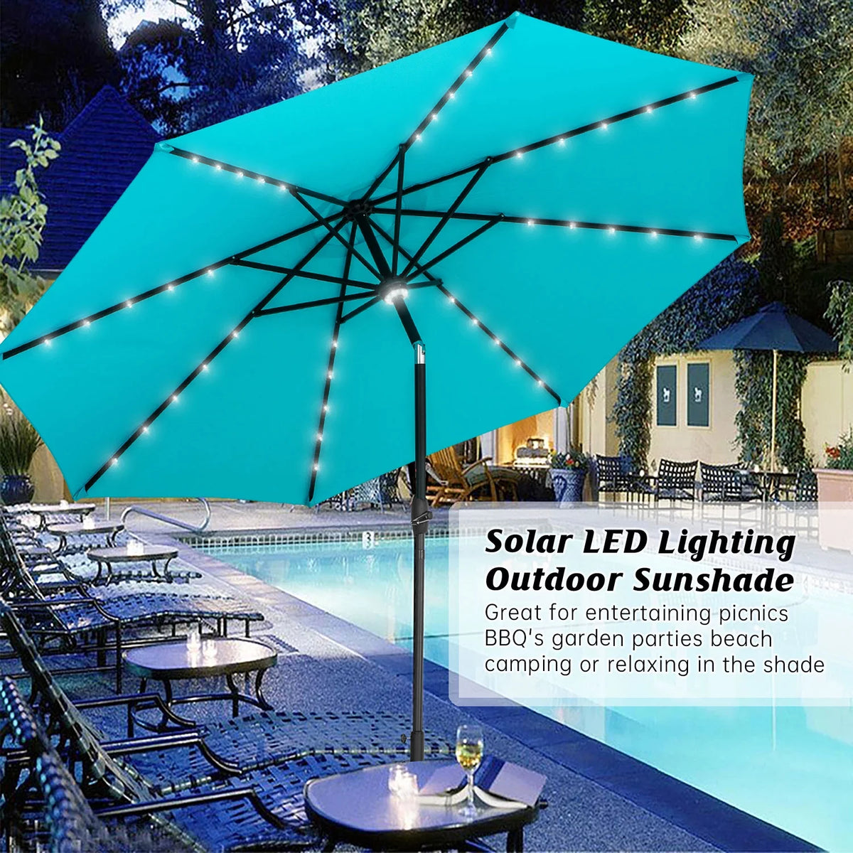 10 ft Solar Patio Umbrella with 40 LED Lights, Steel Tilt Crank, Blue X980833