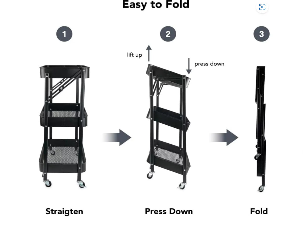 3 Tier Rolling Utility Storage Cart with Wheels, Black P715