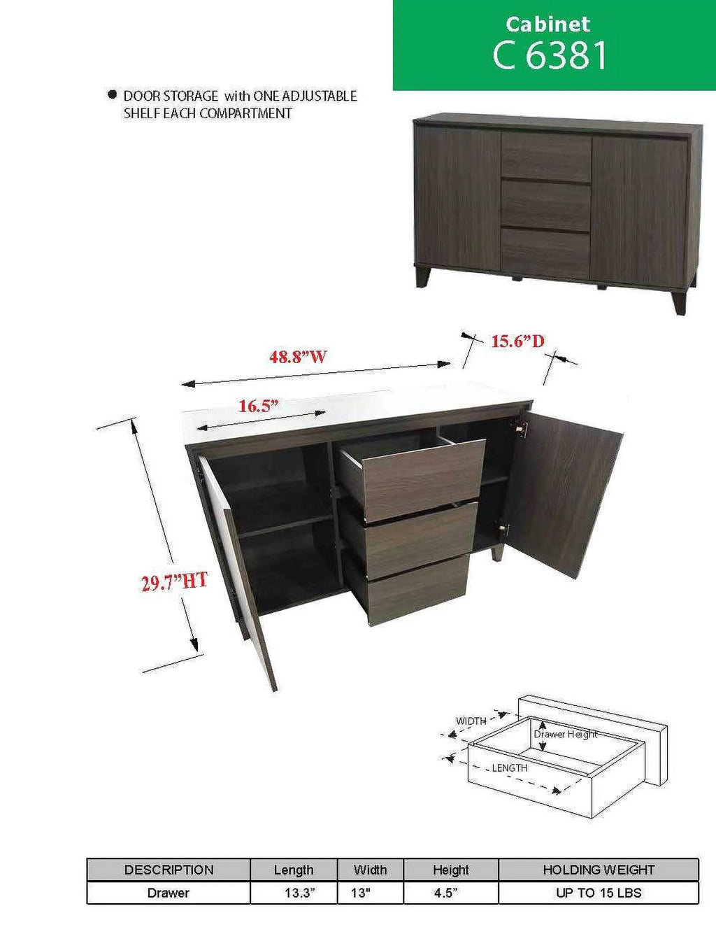 Wood Buffet Server Cabinet with 2 Doors & 3 Drawers Y824371