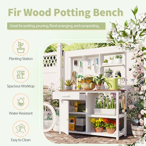 Brown Wooden Potting Bench Table with Hutch U653121