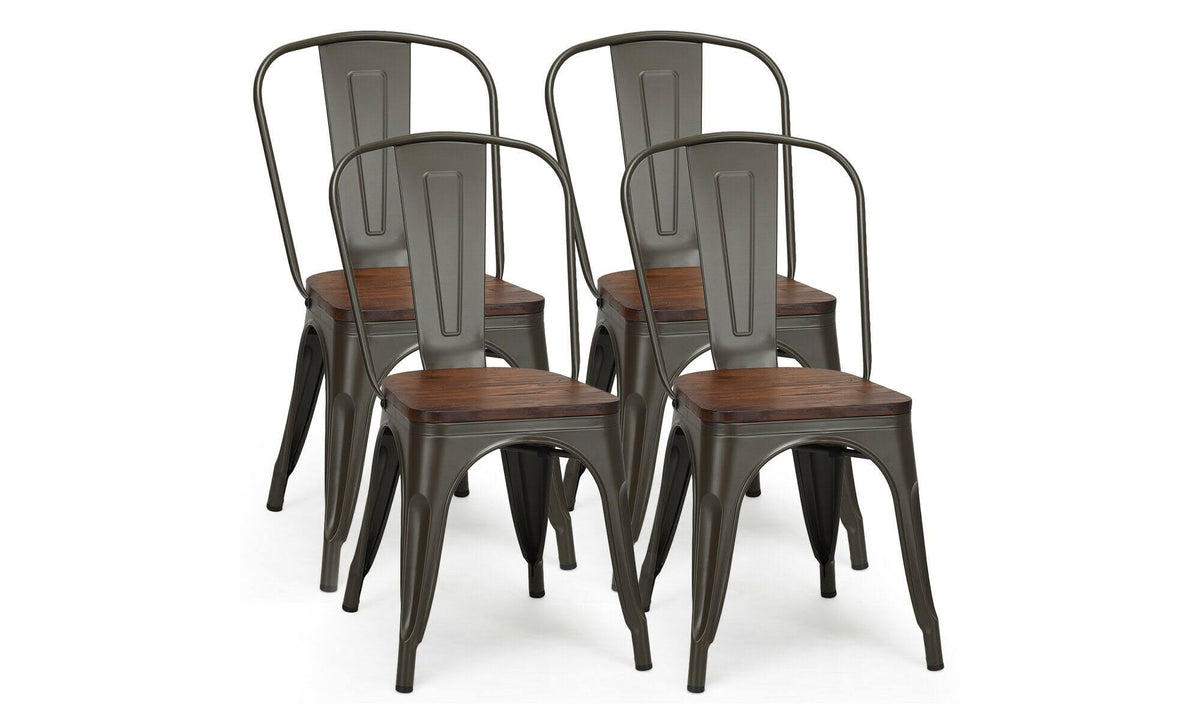 Set of 4 Metal Dining Side Chair Wood Seat Stackable P38446