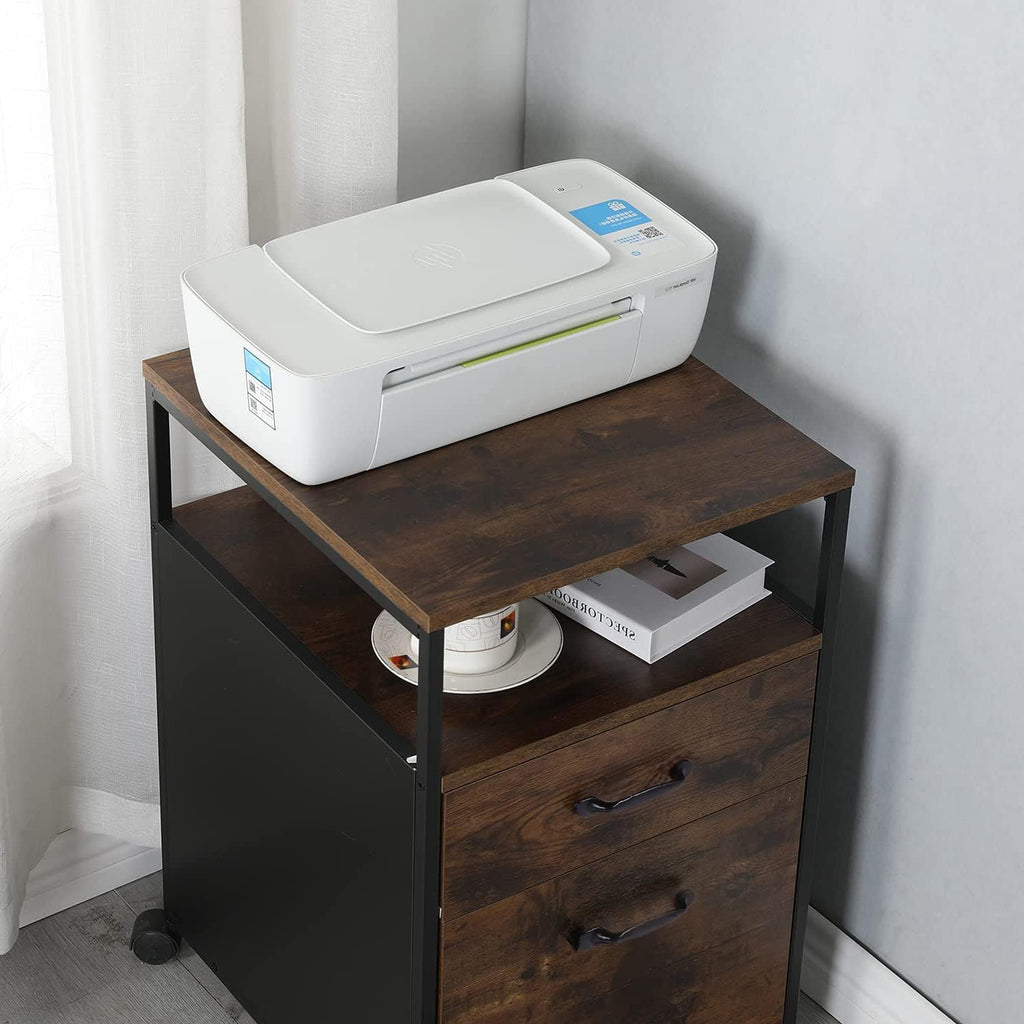 Rolling File Cabinet with 2 Drawers and Open Shelf, Brown and Black Q594621