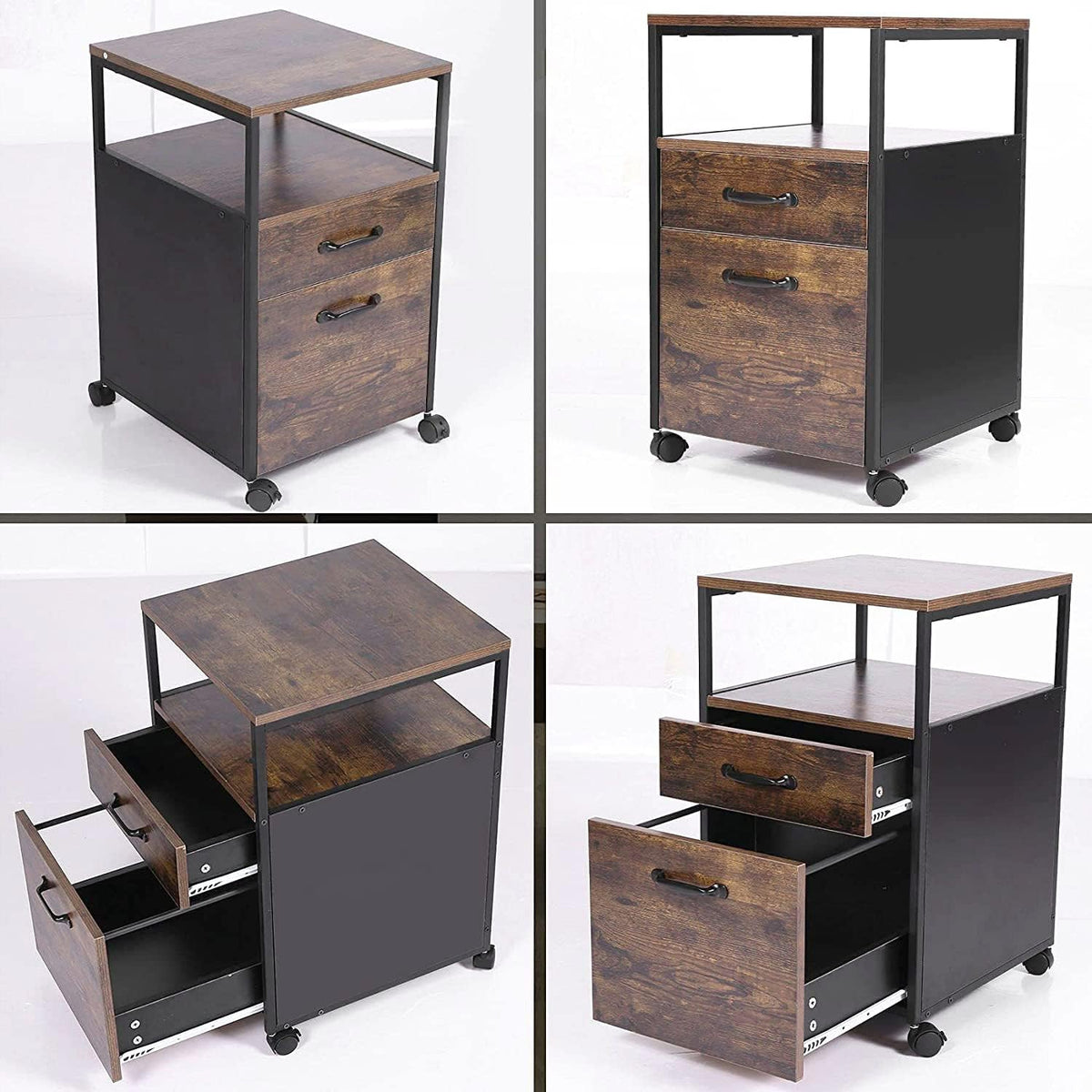 Rolling File Cabinet with 2 Drawers and Open Shelf, Brown and Black Q594621