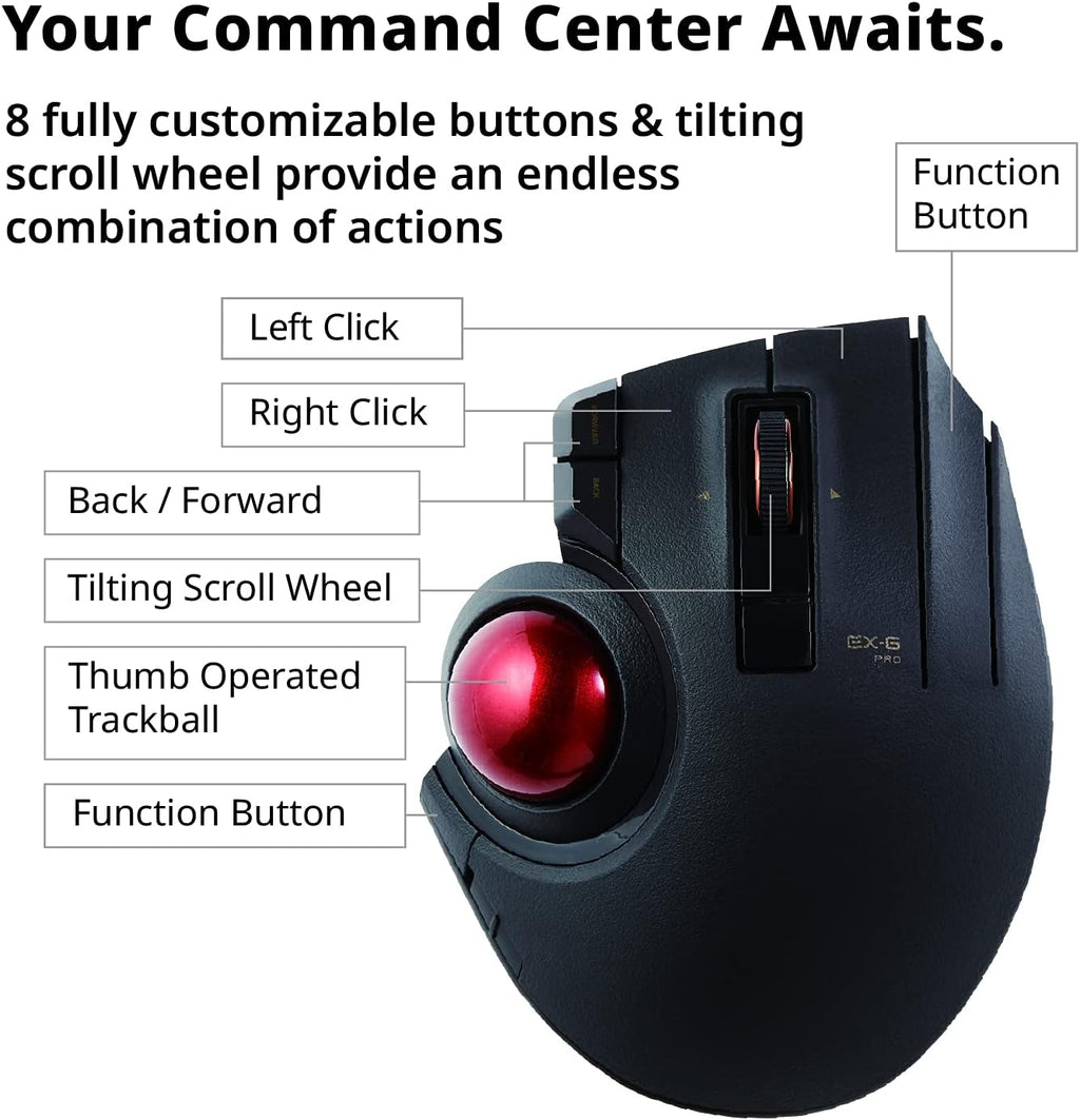Wired Wireless Bluetooth Thumb-Operated Trackball Mouse, 8-Button, Black Q8086