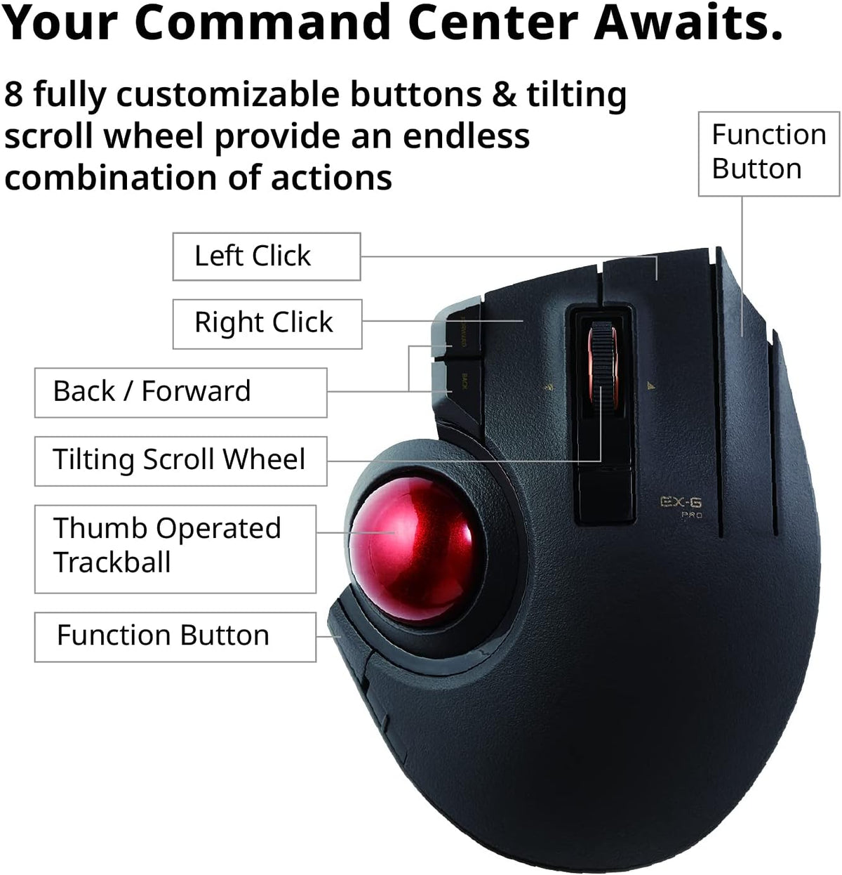 Wired Wireless Bluetooth Thumb-Operated Trackball Mouse, 8-Button, Black Q8086