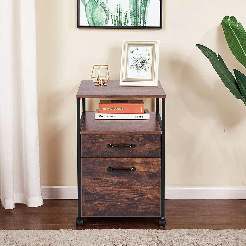 Rolling File Cabinet with 2 Drawers and Open Shelf, Brown and Black Q594621