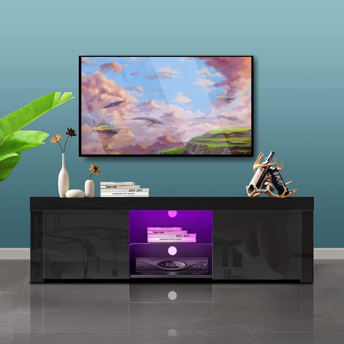 Black High Gloss TV Stand with 2 Drawers and Open Shelves Y60322