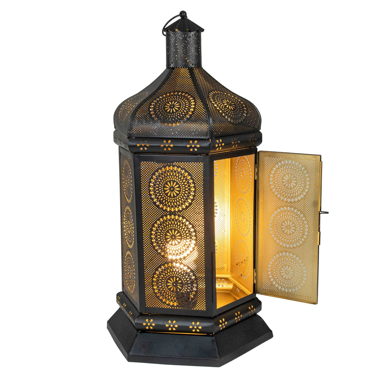 Black and Gold Moroccan Style Floral Cut-Out Table Lantern Lamp C77421